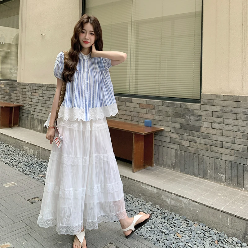 韩系ins风条纹蕾丝套装裙2025夏季新款森系甜美减龄小清新两件套