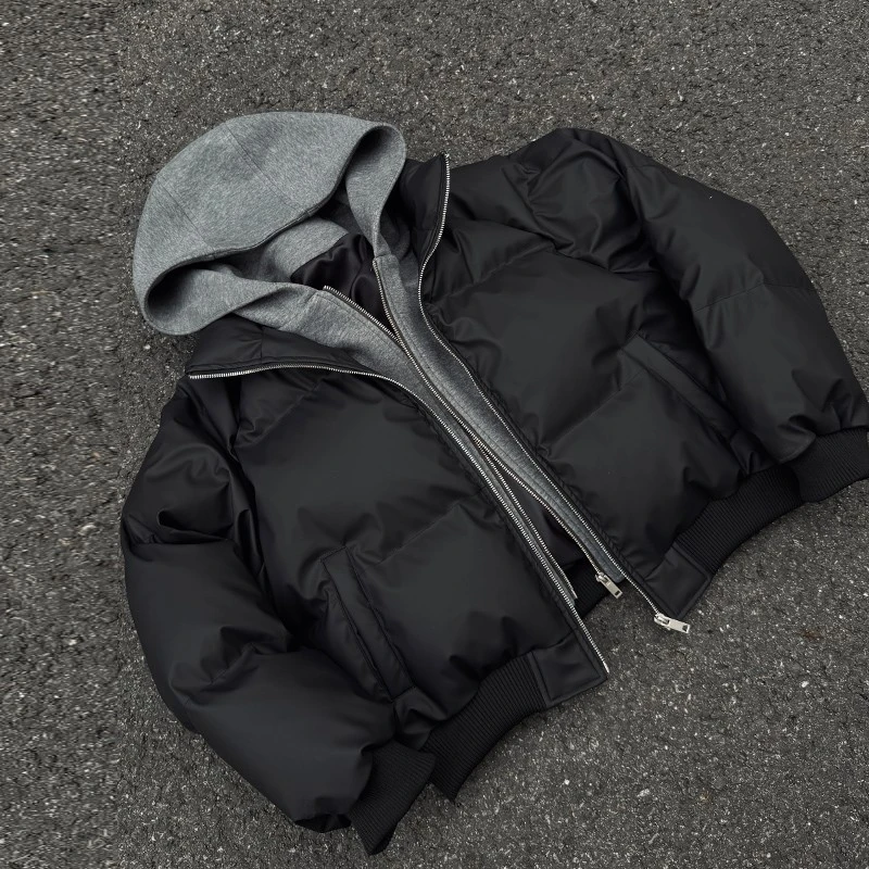 高级感cleanfit假两件连帽夹克棉服加厚保暖外套美式短款廓形棉袄