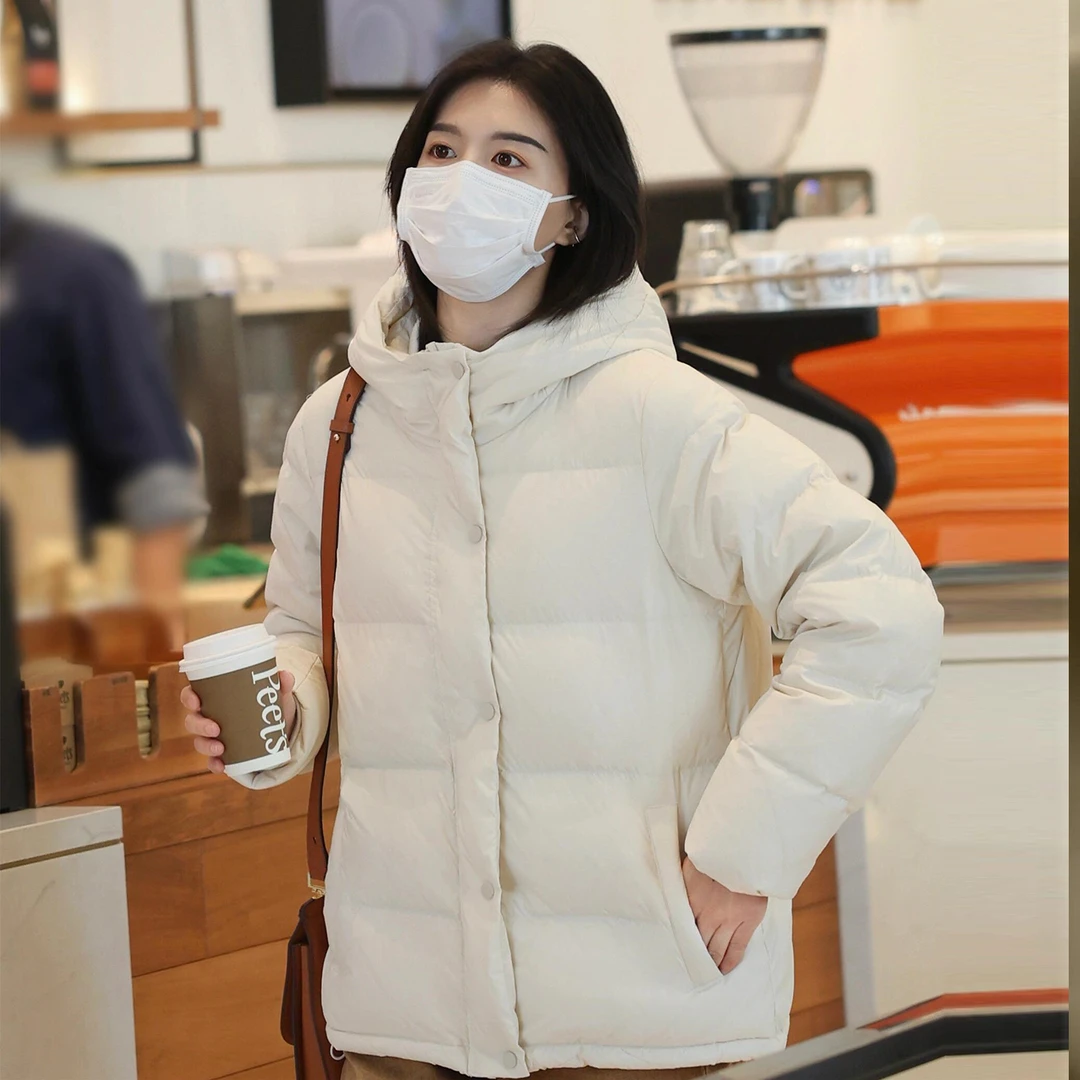 白鸭绒连帽羽绒服女短款秋冬季高级感显瘦百搭加厚保暖面包服外套