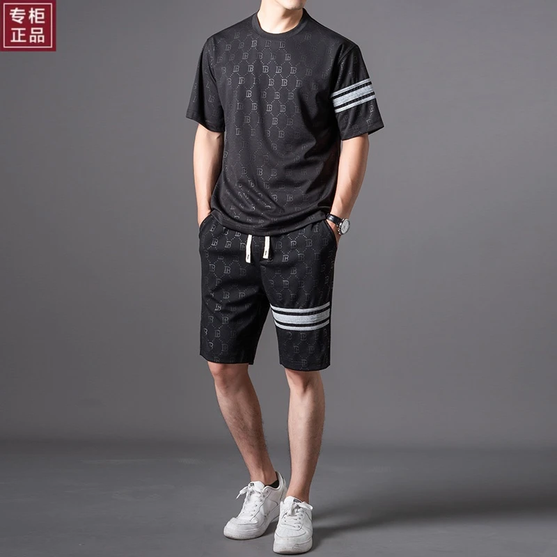 【专柜正品】英伦轻奢冰丝短袖短裤套装男条纹男士薄款休闲运动套装