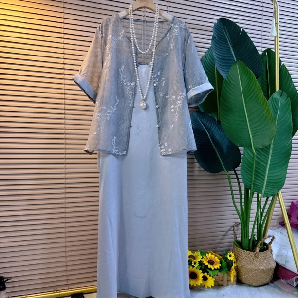 新中式夏季新款大码女装复古风防晒外套吊带长裙套装气质显瘦轻奢