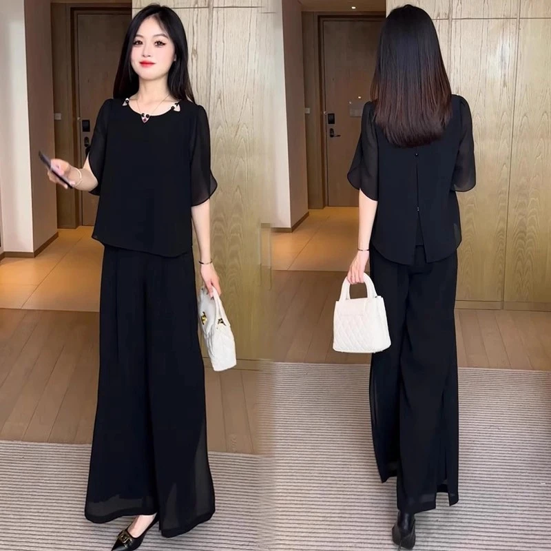 时尚雪纺套装女2025夏季新款时髦洋气宽松短袖上衣阔腿裤两件套潮