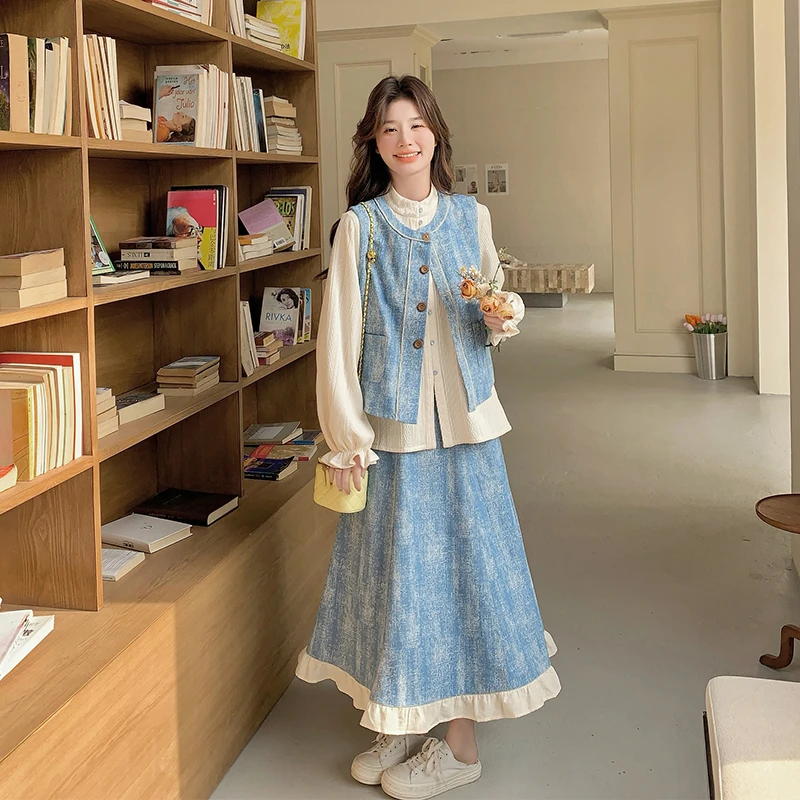 蓝色文艺风扎染套装裙女2025春季新款设计感衬衫马甲半身裙三件套