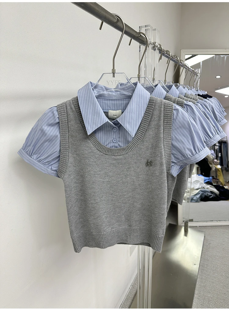 2025新款小众设计学院风高腰短款假两件拼接短袖衬衫女上衣夏薄款