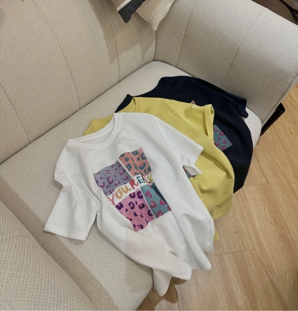 UM110韩系you彩色方块圆领短袖T恤2025夏季新款短袖T恤