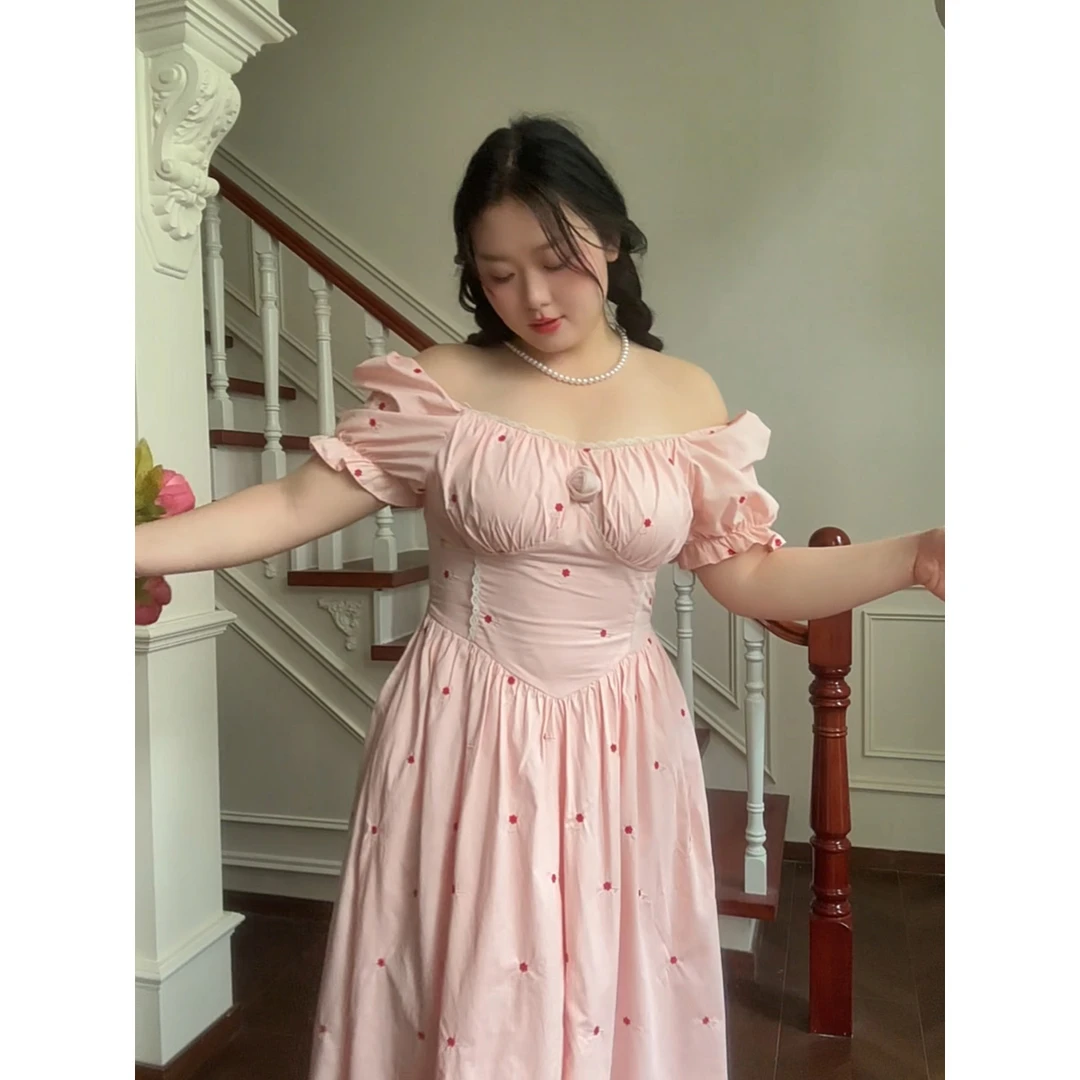 20001 现货法式方领裙子提花连衣裙大码女装温柔夏季收腰显瘦长裙
