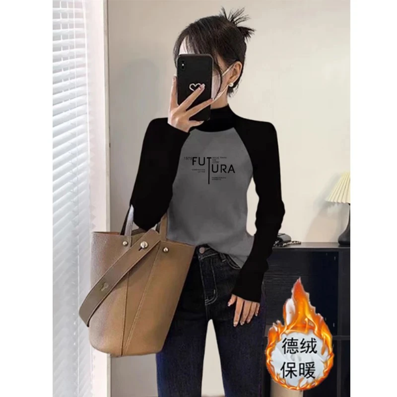 德绒加绒加厚保暖半高领长袖T恤女秋冬季磨毛内搭插肩上衣打底衫