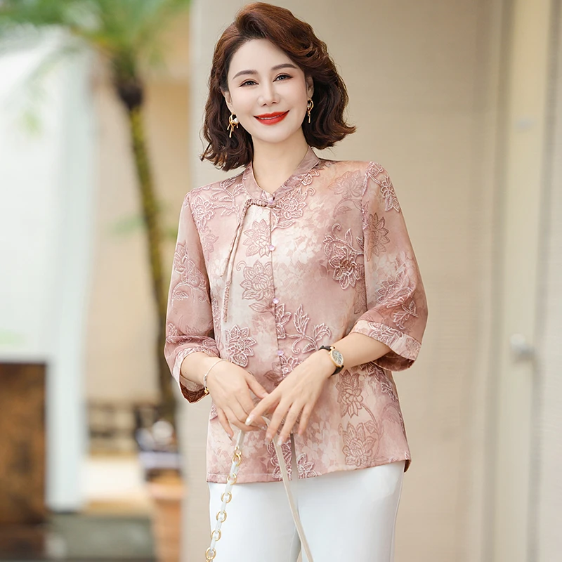 妈妈装圆领中老年女装中年女式裙衫短袖套装宽松衬衫时尚印花上衣