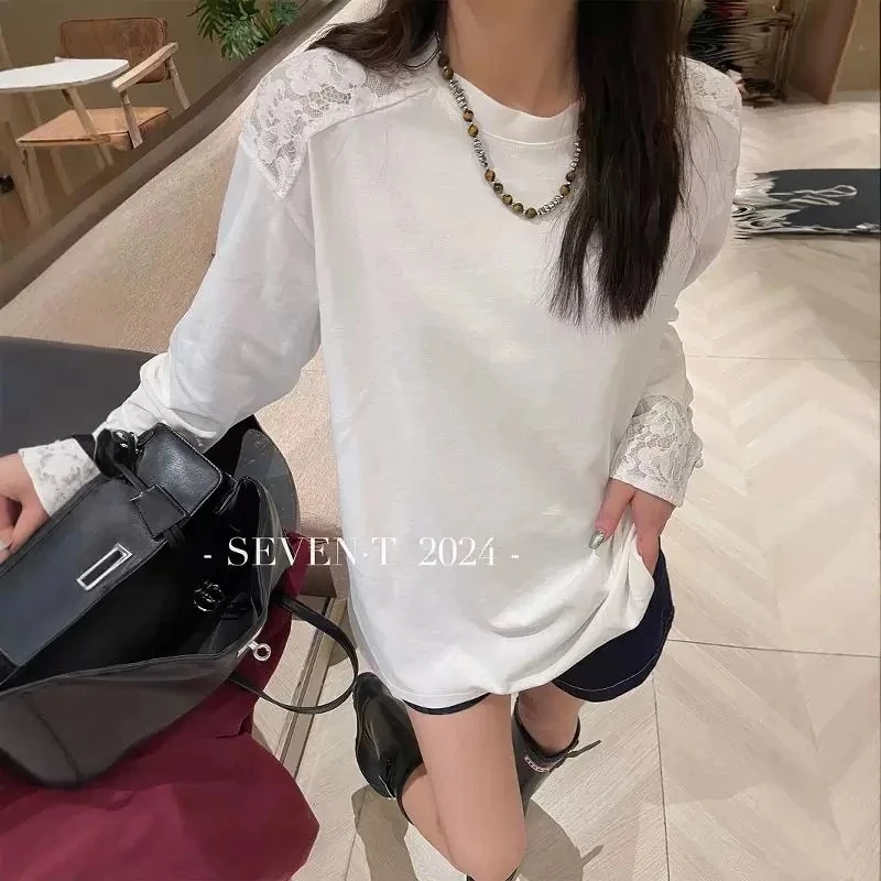 2024秋冬新款韩版拼色宽松圆领拼接条纹卫衣女中长款T恤上衣潮