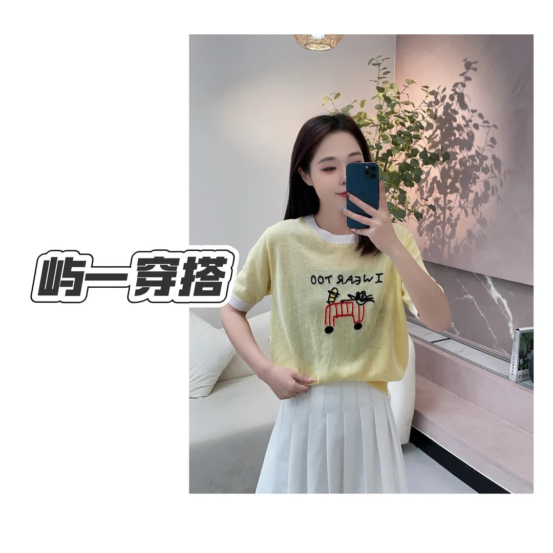 【209】摇摇猫咪~夏季竹节麻刺绣针织衫