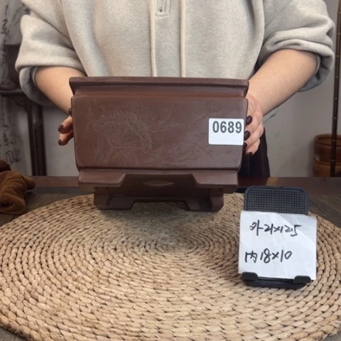 紫砂花盆孤品荷花刻绘束口直角四方0689