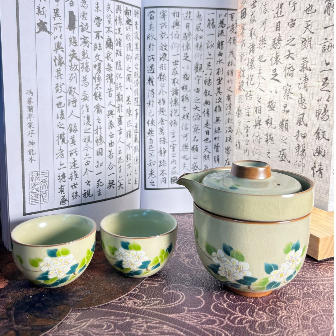 汝窑山茶花手抓茶壶茶具景德镇泡茶器单壶防烫家用二财盖碗礼盒