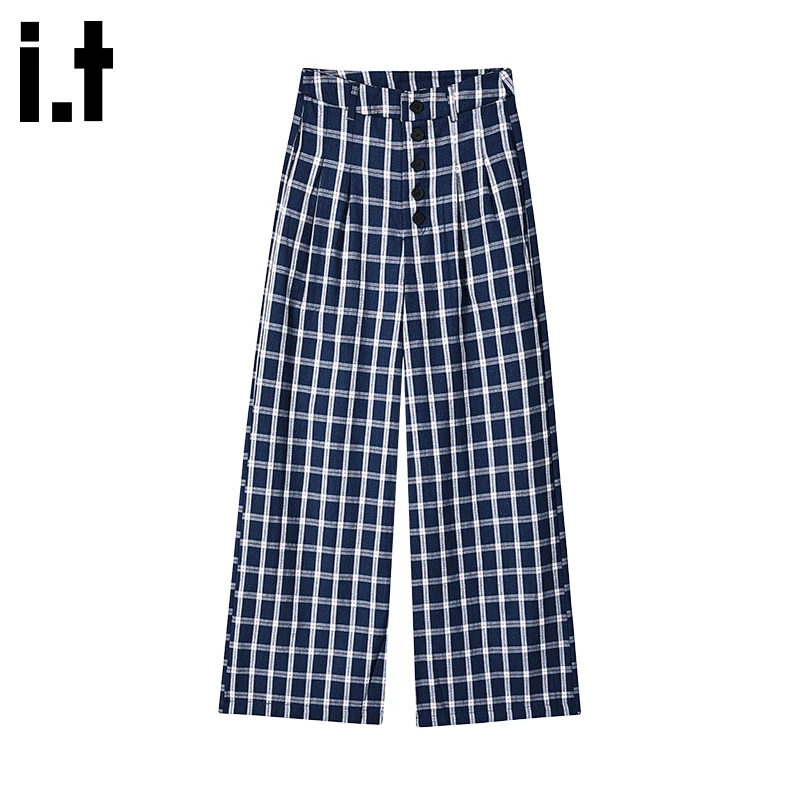 i.t:CHOCOOLATE韩系复古蓝白格子休闲裤女款秋冬宽松慵懒风阔腿裤