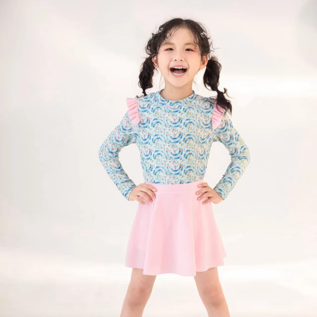 女童2025夏季长袖分体可爱海边度假玩水泳衣