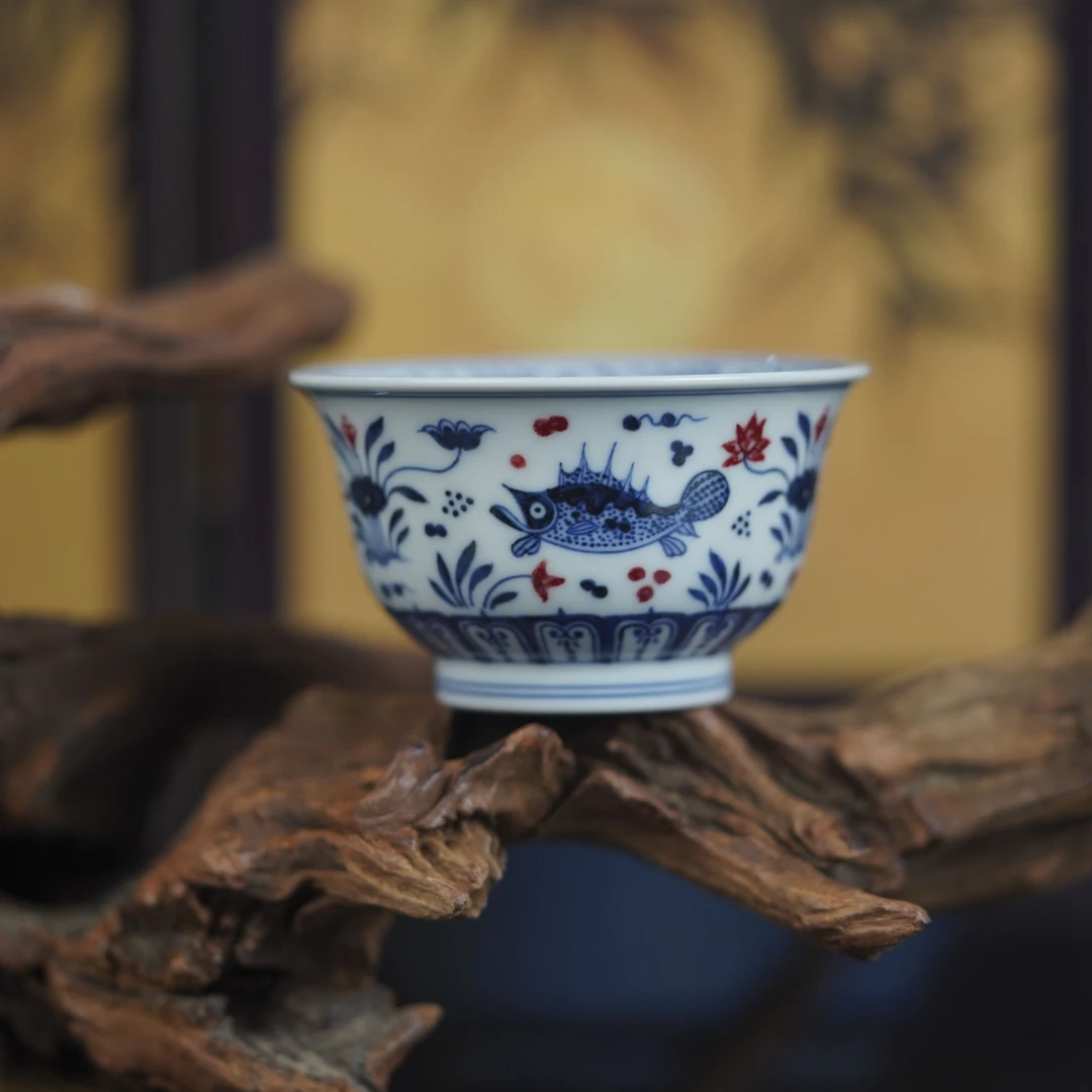 片云晚谷釉里红鱼藻纹小若深杯景德镇陶瓷高端茶具包邮