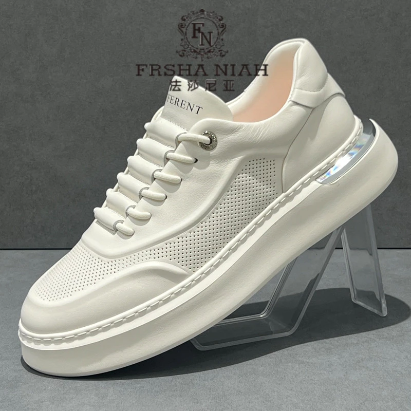 法莎尼亚男鞋透气轻便厚底小白鞋新款镂空鞋子男真皮百搭休闲板鞋