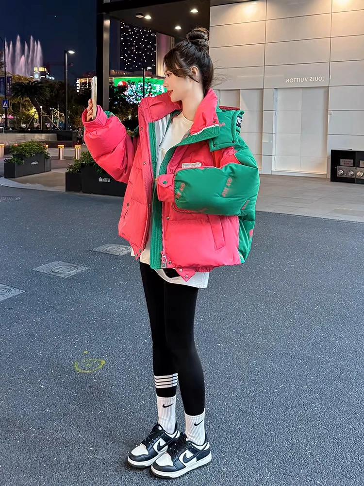 【专属】潮牌90高端拼色印花宽松女2025短款冬季保暖白鸭绒羽绒服