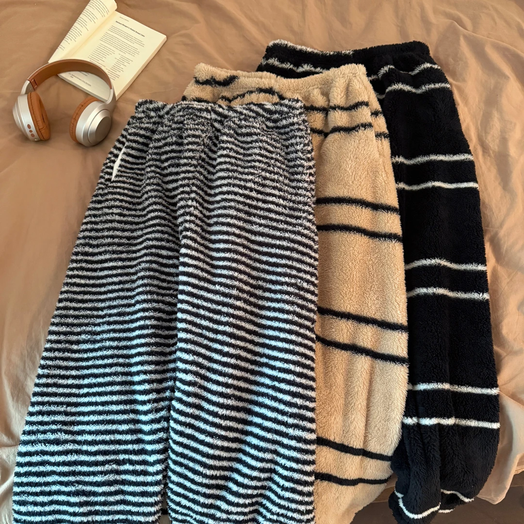 珊瑚绒睡裤女秋冬季大码加厚长毛绒可外穿长裤子条纹暖暖裤居家裤