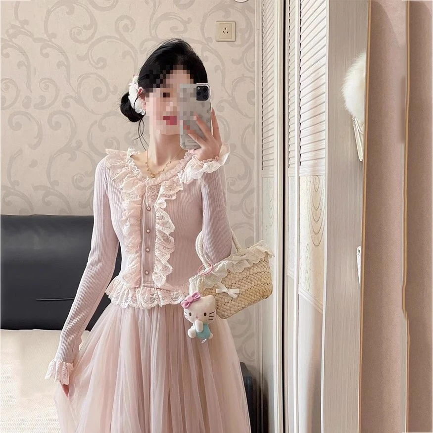 韩系气质甜美蕾丝边长袖上衣网纱半身裙长裙套装两件套裙子长款