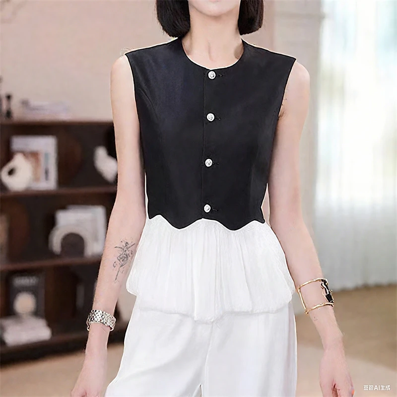 高级感气质荷叶边撞色拼接无袖单排扣马甲女夏季新款设计显瘦上衣