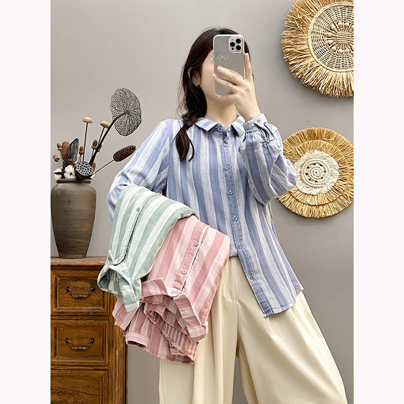 春秋文艺小清新韩范双层棉纱基础长袖衬衫纯棉条纹衬衣女学院宽松
