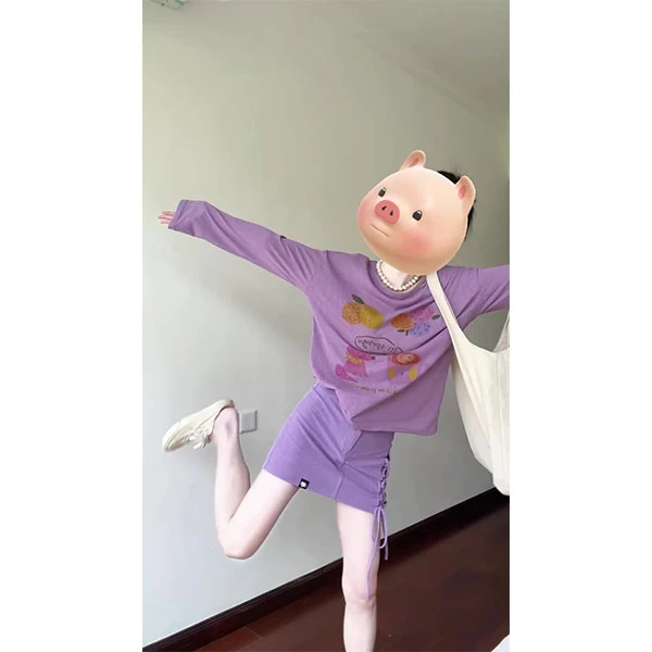 韩系慵懒风水果印花长袖T恤女夏设计感宽松防晒罩衫上衣+裙子套装