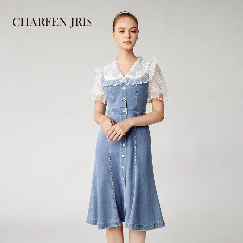 【夏天专享】朝峰夏季新款短袖气质拼接牛仔连衣裙FJE2G650-6072G