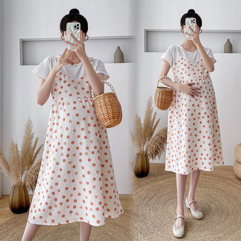 孕妇装夏装上衣夏季薄款辣妈短袖拼接假两件遮肚碎花连衣裙子