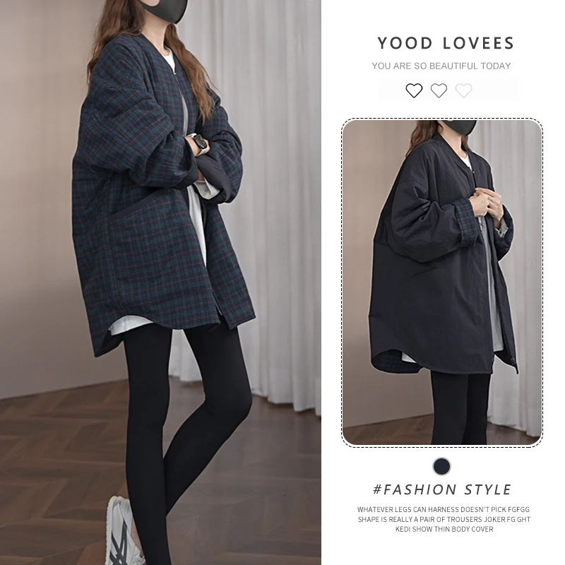 设计感拼接撞色慵懒双面穿长袖棉衣格子女2025冬季夹棉保暖薄外套