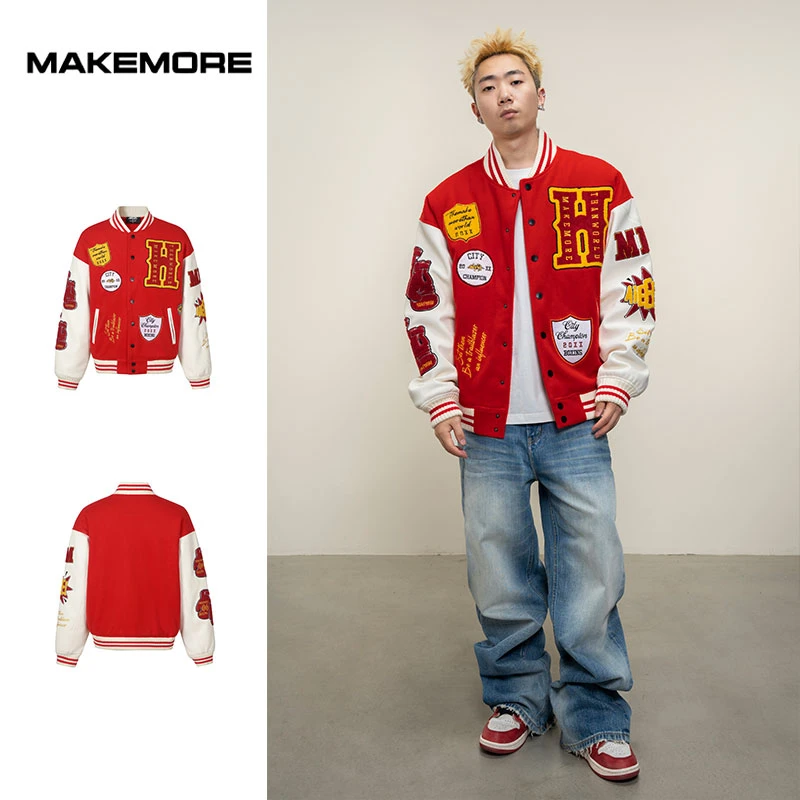 Makemore棒球服{红白毛巾绣}荔枝皮毛呢重磅美式街头复古夹克外套