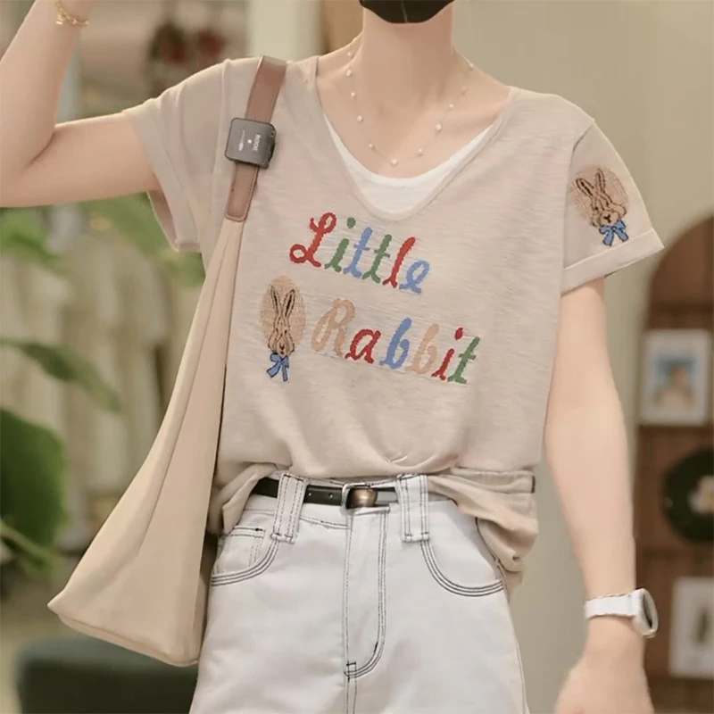 字母印花设计感显瘦短袖T恤女2025夏季新款时尚气质休闲宽松上衣