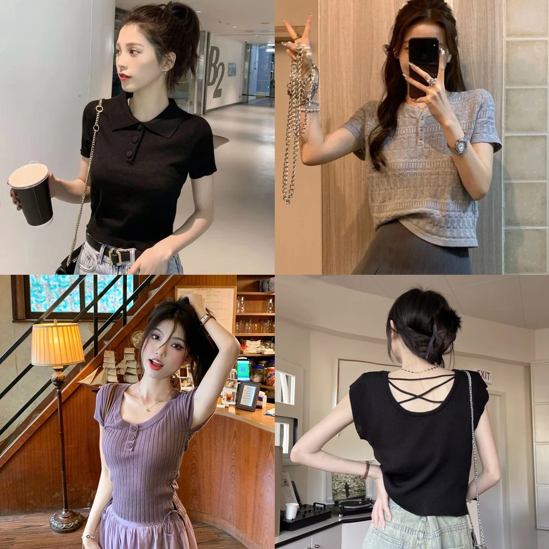 瑜 高腰修身露脐辣妹短款小个子薄款显瘦针织上衣百搭夏季