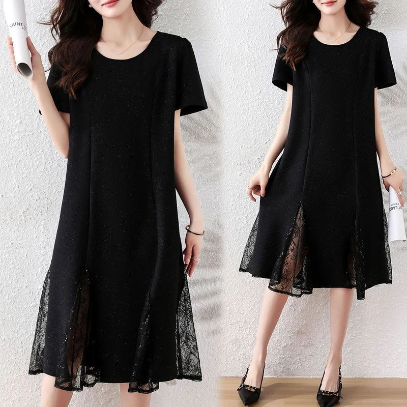 时尚减龄卫衣连衣裙夏季宽松遮肉高级感亮片网纱拼接气质长裙