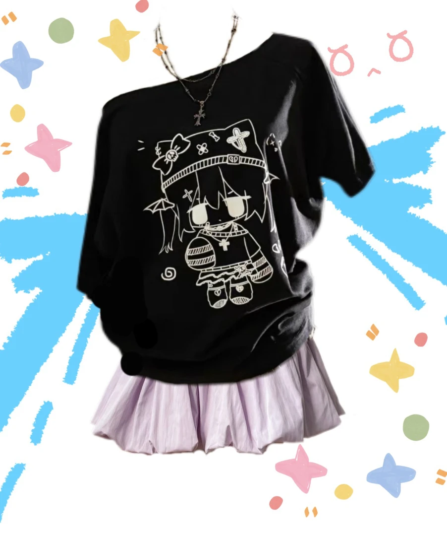 【宅系穿搭】二次元斜肩短袖T恤日系可爱款夏季新款印花宽松显瘦