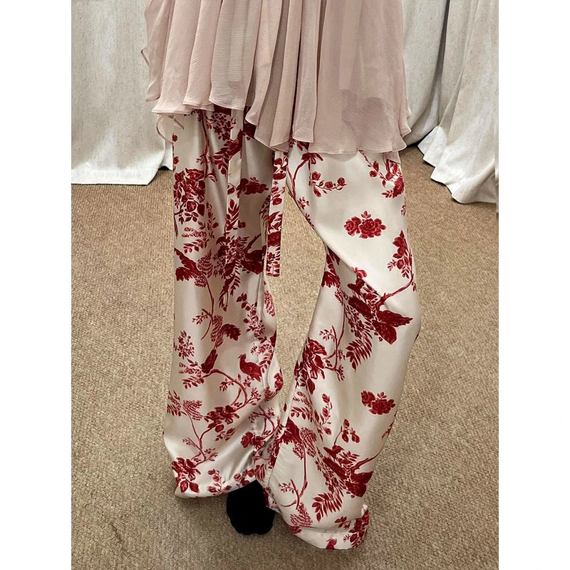 【国风花卉】新中式高腰冰丝睡裤女夏季新款舒适百搭遛弯长裤可外穿