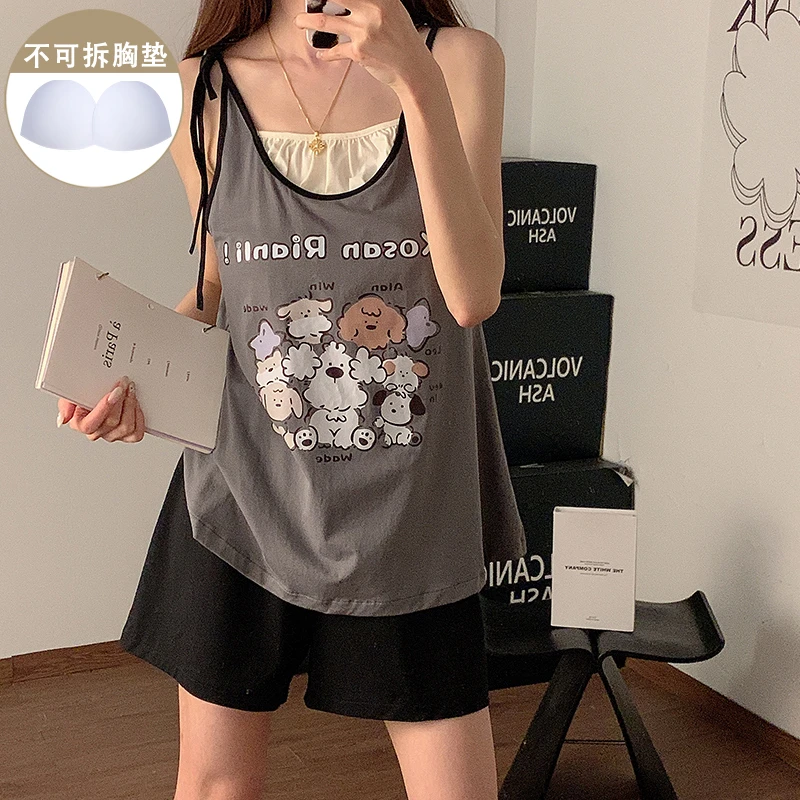 带胸垫睡衣女生新款夏季可爱小狗吊带短裤卡通纯欲性感套装家居服