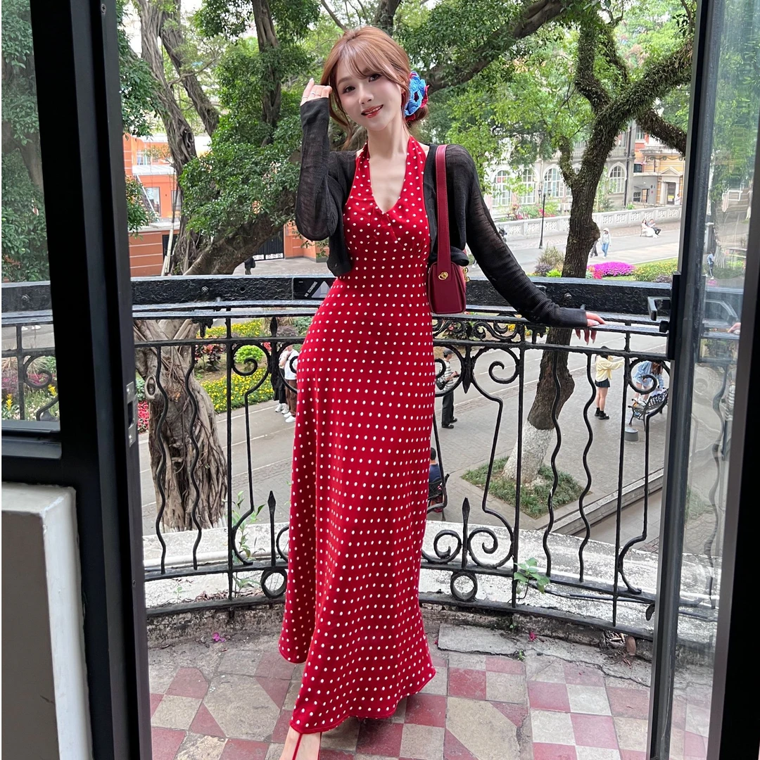 【探戈舞步】气质波点V领无袖连衣裙绑带显瘦挂脖#8615复古裙子