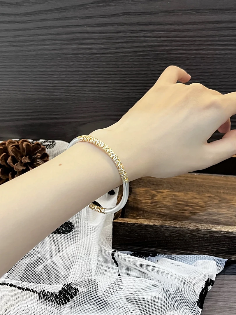 足银手镯 A7足银999.9如意金箍棒手镯祥云卷草纹开口情侣手环28