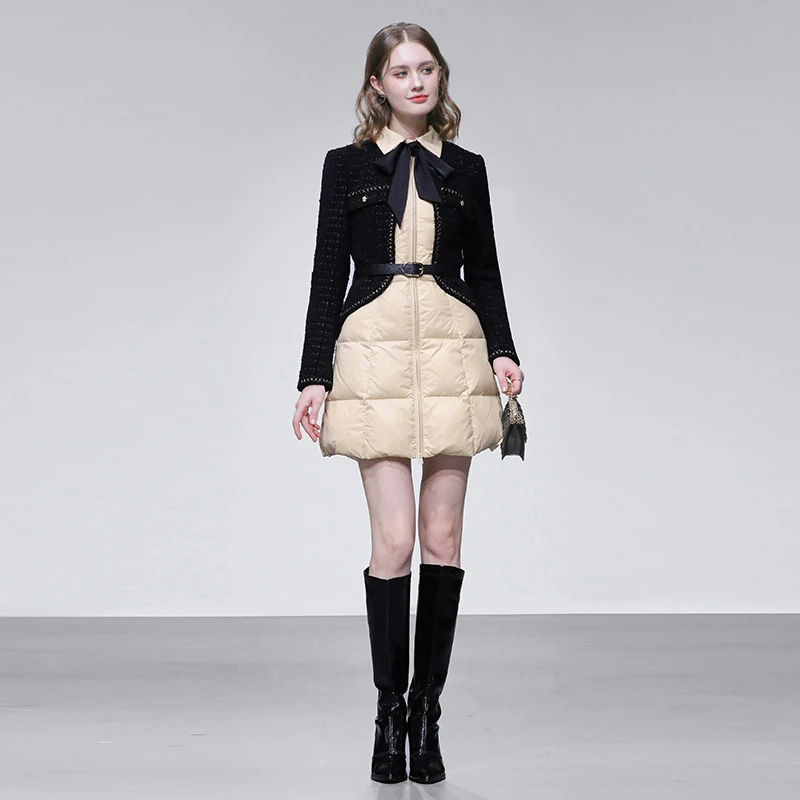 假两件小香轻奢粗花呢拼接翻领收腰显瘦A摆羽绒服外套GC36050