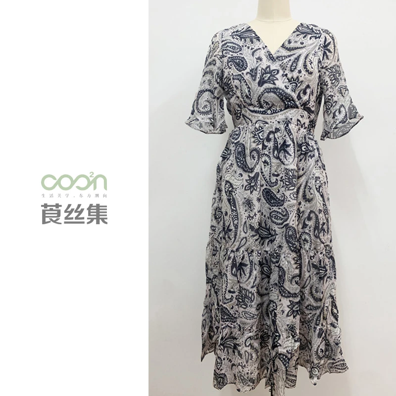 COO²N/莨丝集100桑蚕丝10姆米 腰果花纹V领连衣裙CD018