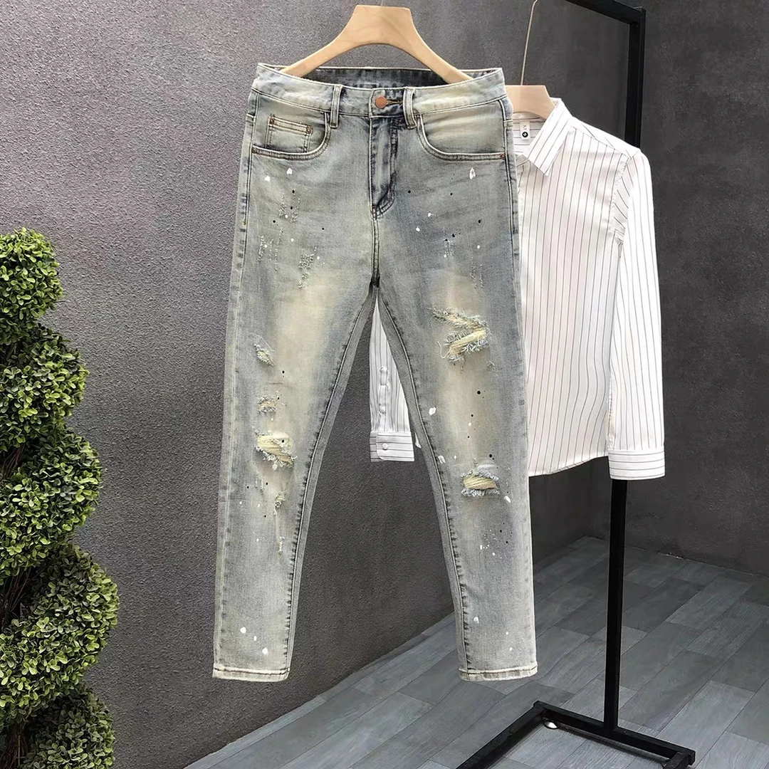 洋气浅色牛仔裤裤子男夏季薄款九分裤新款男士夏天修身青年小脚裤