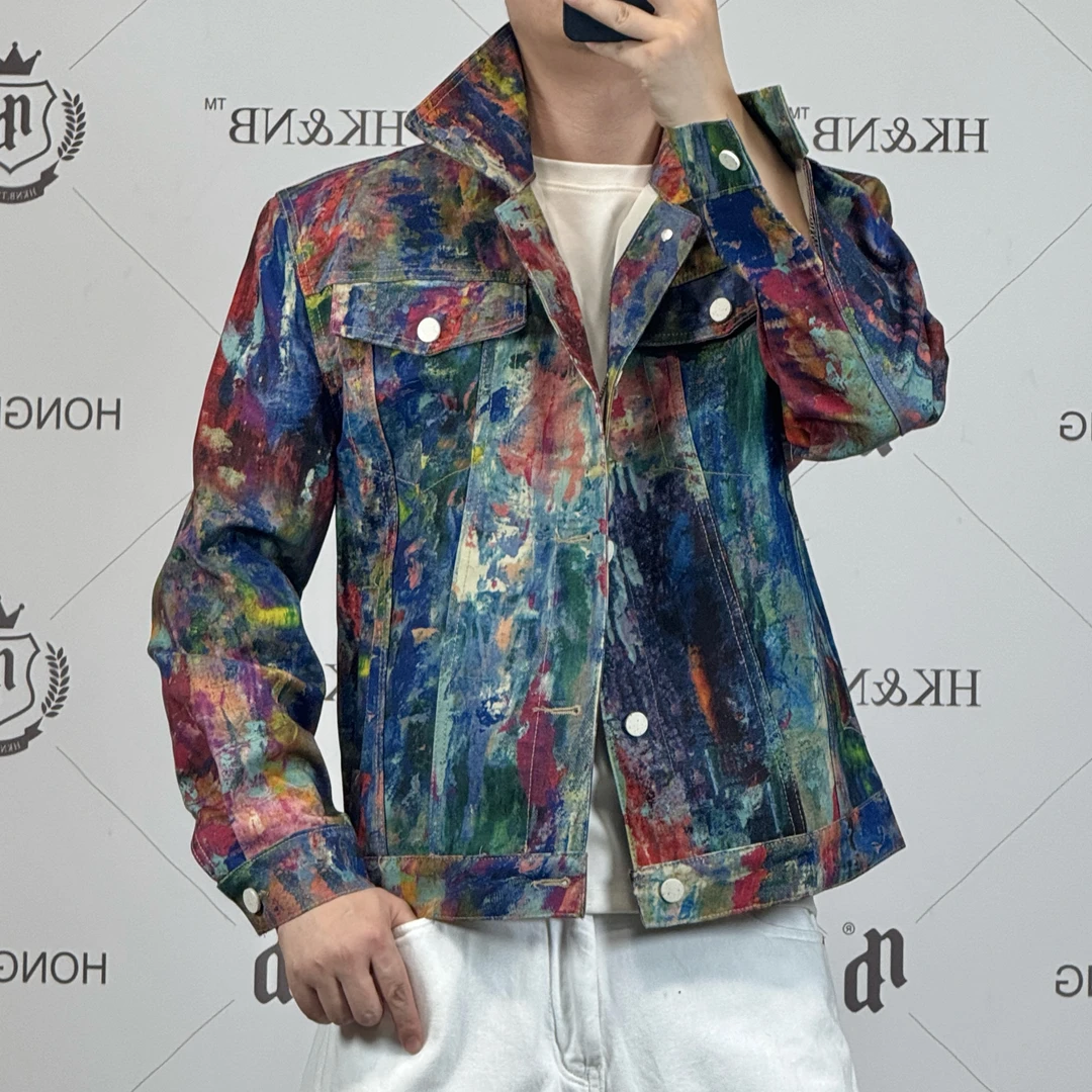HK&NB x 艺术家 春秋轻奢时尚情侣痞帅多彩泼墨手绘垫肩牛仔夹克
