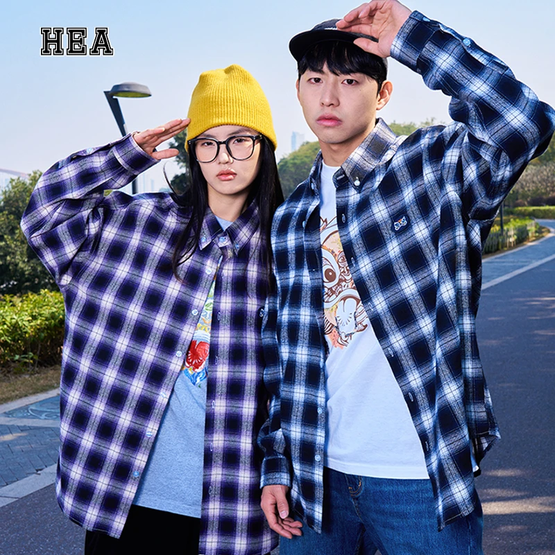 HEA 格纹长袖衬衫宽松百搭男友叠穿翻领复古风工装风外套休闲情侣