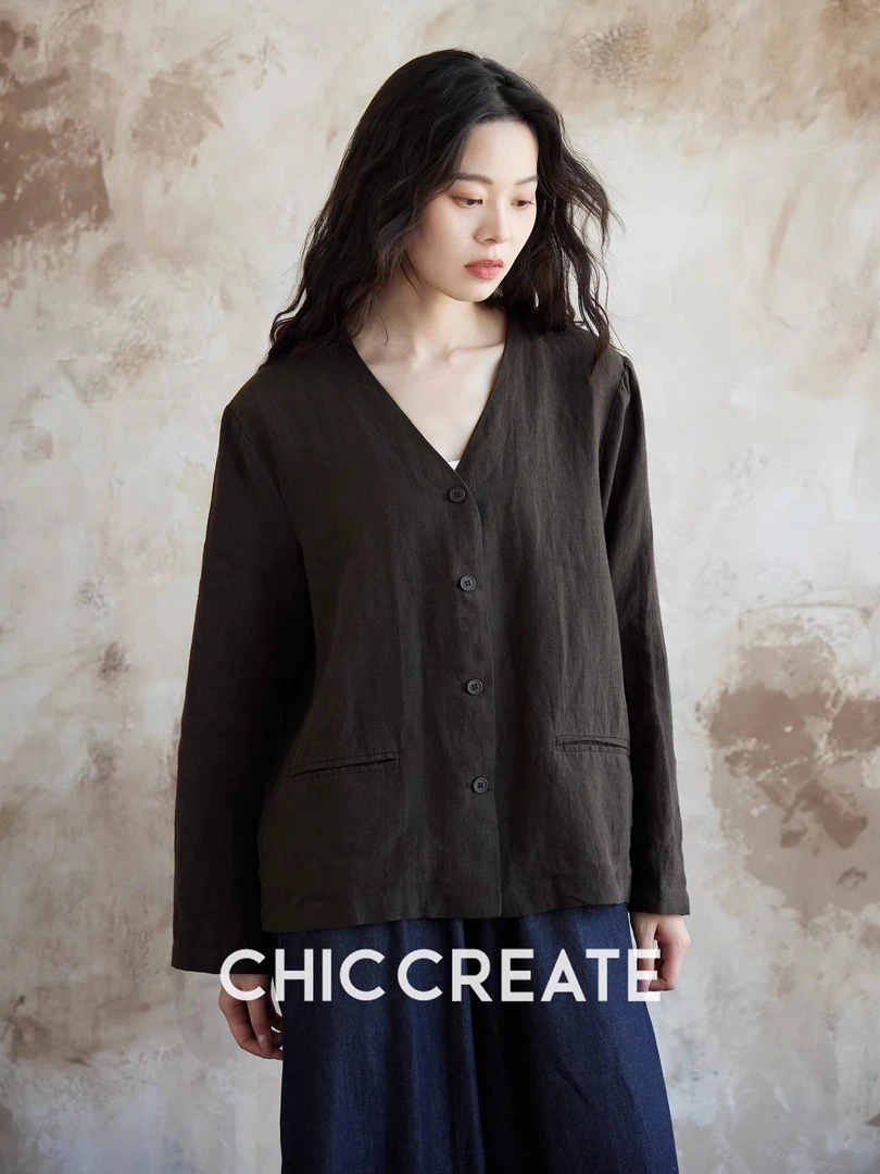 中产精英感 法国进口纯亚麻~纯色V领九分袖开衫小外套衬衫女春新