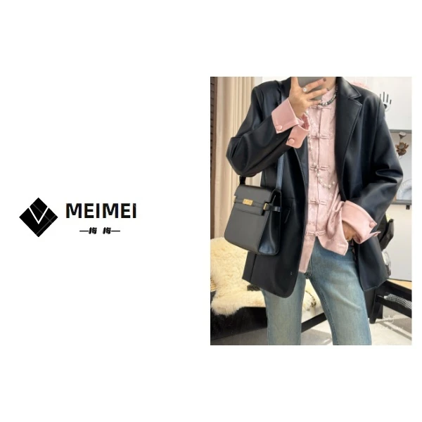 XMM.《粉袖皮衣西装》春季时尚休闲百搭黑色宽松气质韩版西装-86732