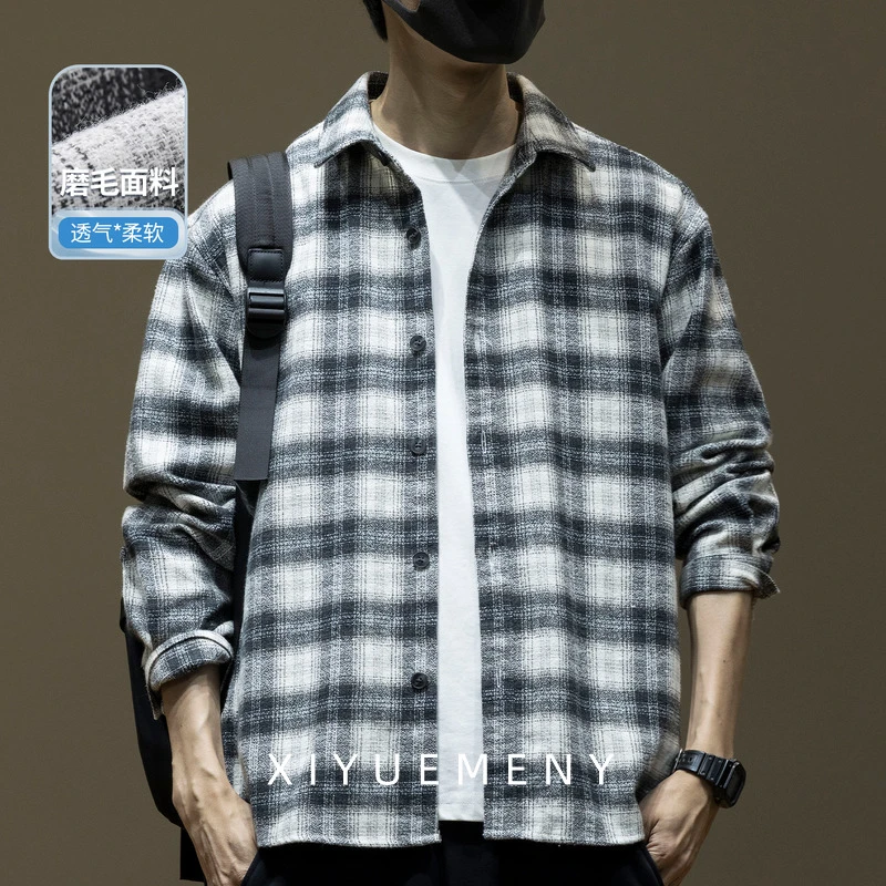 GS春秋新款撞色拼接格子衬衫长袖男士时尚潮牌宽松百搭翻领外套男