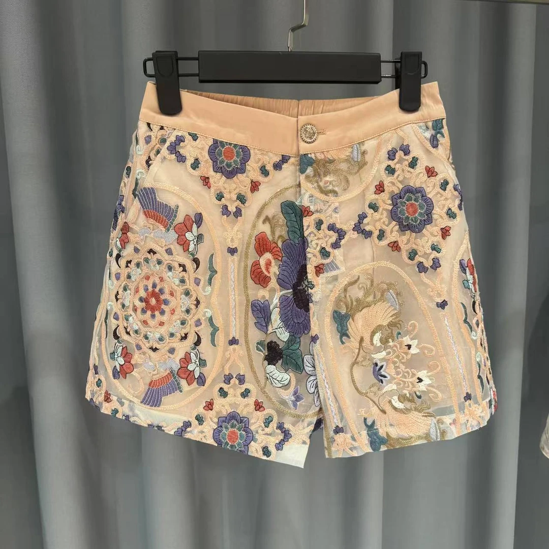 短裤高腰2025新款桑蚕丝时尚休闲百搭国风绣花裤子