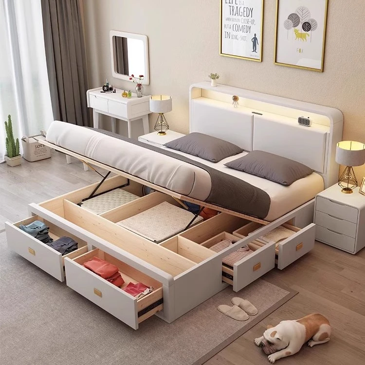 气压抽屉床1.8双人床主卧床现代简约1.5米高箱储物箱体白色床1.2
