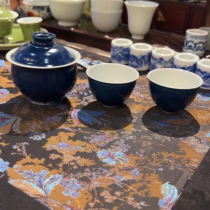 堂钟正窑柴窑宝石蓝一盖碗两杯预售