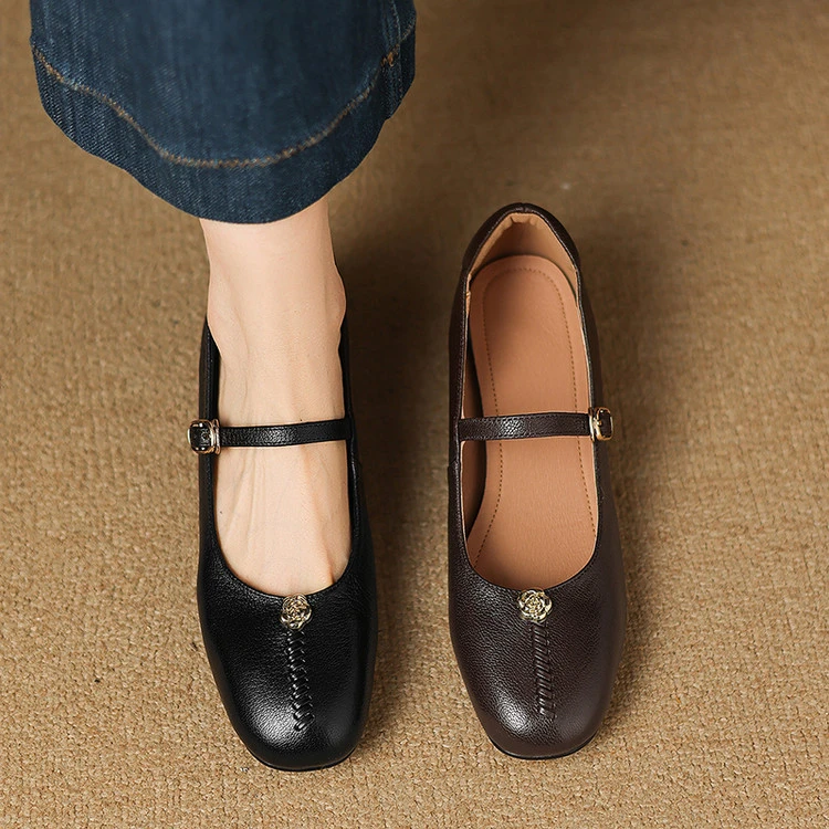 3cm法式粗跟单鞋女春秋百搭真皮中跟浅口不累脚一字带扣玛丽珍鞋